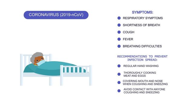 Αφρικανική γιαγιά με ιό ασθένεια χαρακτήρα κινουμένων σχεδίων. Άρρωστη γριά με ιατρική μάσκα στο κρεβάτι του νοσοκομείου. Ασθενής χαλαρώνει κάτω από κουβέρτα. Infographics λίστα των συστάσεων για την προστασία από το coronavirus, συμπτώματα του coronavirus.  - Διάνυσμα, εικόνα
