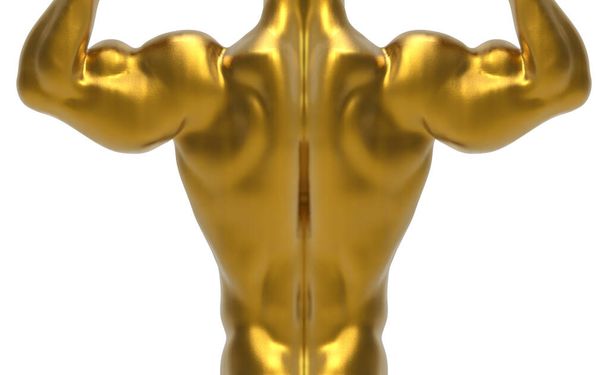 3d απόδοση. Πίσω όψη του Golden muscle body building γλυπτική με μονοπάτι αποκοπής που απομονώνεται σε λευκό φόντο. - Φωτογραφία, εικόνα