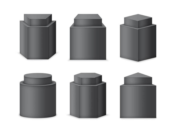 Pedestais prontos. 3d pódios realistas ou stands. Diferentes formas geométricas, como cubo, prisma ou cilindro
 - Vetor, Imagem