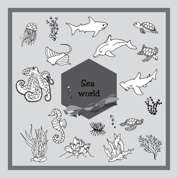 A vízi világ képviselőinek kórokozó-átvivő vázlatai: cápa, delfin, meuse, polip, rája, halkalapács, tengeri korallok és algák - Vektor, kép