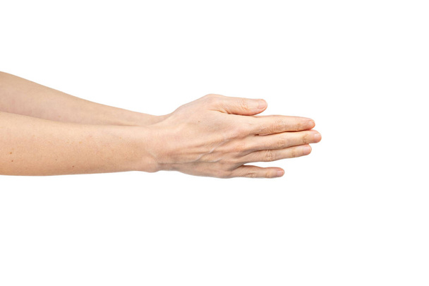 Donna caucasica che si lava le mani isolate su sfondo bianco. Dimostrazione del lavaggio delle mani. Concetto di igiene e prevenzione coronavirus
. - Foto, immagini