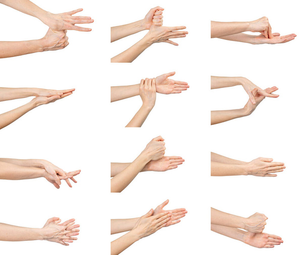 Conjunto de mulheres caucasianas lavando as mãos isoladas sobre fundo branco. Demonstração de lavagem das mãos. Conceito de higiene e prevenção coronavírus
. - Foto, Imagem