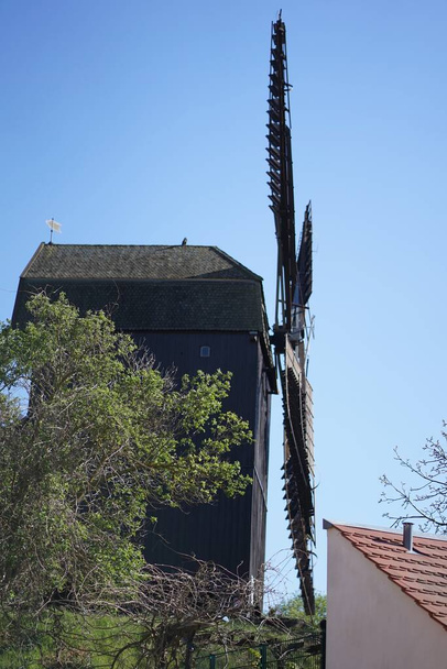 Историческая старая деревянная мельница против голубого неба в Вердере, Бранденбург, Германия
                                                        - Фото, изображение
