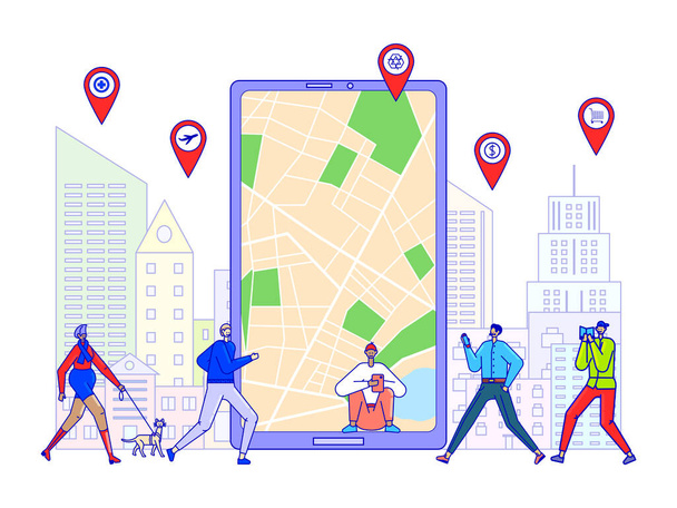 Online map navigation app concept, tiny people cartoon characters, vector illustration - Вектор,изображение