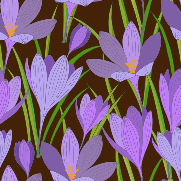 seamless pattern with flowers crocus, wallpaper and fabric ornament, wrapping paper, background for different designs, scrapbooking - Vector, Image