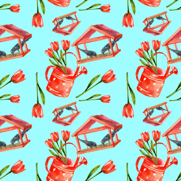 Акварельные эскизы садовых элементов на изолированном белом фоне, как красная банка полива, цветочная тележка, шляпа, садовые инструменты, тюльпан. Бесшовный рисунок
 - Фото, изображение