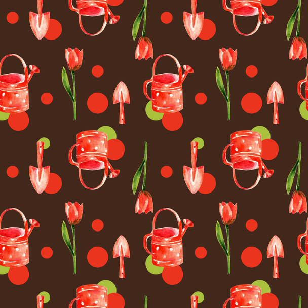 Esboços aquarela de elementos do jardim em um fundo branco isolado, como regador vermelho pode, carrinho de flores, chapéu, ferramentas de jardim, tulipa. Padrão sem costura
 - Foto, Imagem