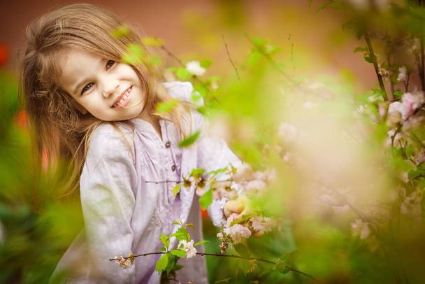 small girl in garden with pink almond bush - 写真・画像