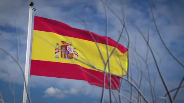 Флаг Испании, машущий голубым небом летом. Испанский ветреный флагшток за победу и независимость - видео анимация
 - Кадры, видео