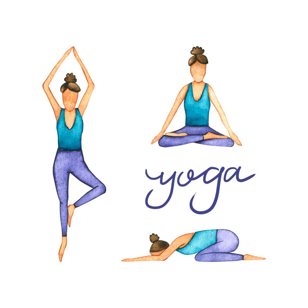 Set van aquarel meisje in yoga poses. Handgetekende illustratie is geïsoleerd op wit. Meditatie vrouwen zijn perfect voor spirituele oefening ontwerp, training poster, gezonde levensstijl wallpaper - Foto, afbeelding