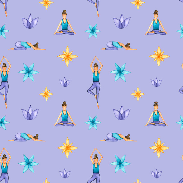 Naadloos patroon met aquarel yoga stelt en ornament. Handgetekende illustratie is geïsoleerd op violet. Template is perfect voor meditatie ontwerp, spirituele oefening behang, textiel - Foto, afbeelding