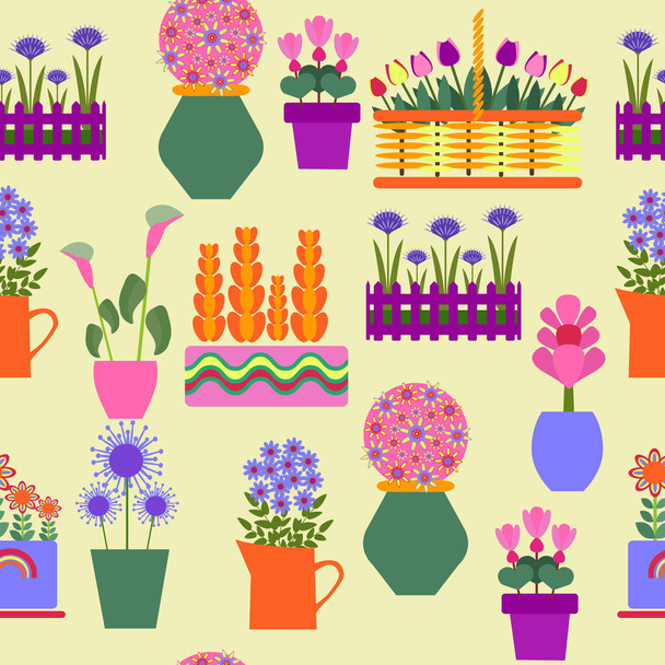 Vector collection of the pot plants, garden decorative plants growing in pots.  Collection of natural home decorations. - Вектор,изображение