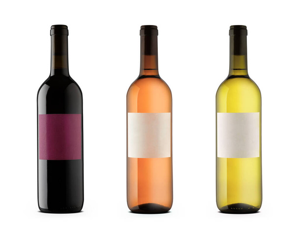 白に隔離された同じ生産者の赤、バラ、白のワインのブランクラベルを持つ3本のワインボトル - 写真・画像