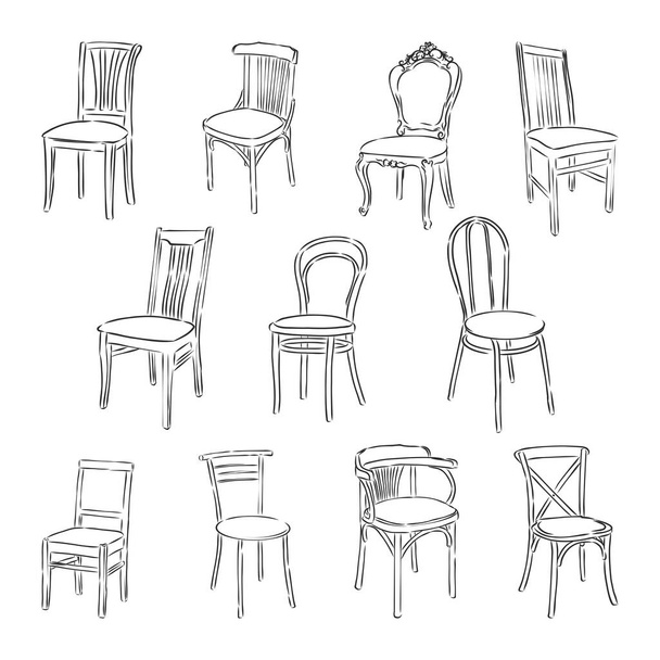 Έπιπλα έτοιμα. Συλλογή περιγράμματος εσωτερικής λεπτομέρειας: καρέκλα, σκαμπό πολυθρόνας - Διάνυσμα, εικόνα