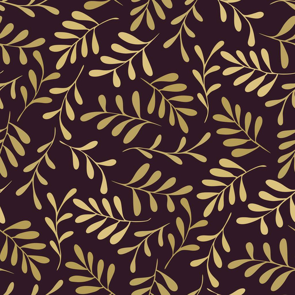 Seamless Pattern of sprig leaves . Combination monochrome colors of gold in dark background. Vintage floral Pattern for card, greeting, weeding, invitation, fabric, print, cover, interior, and more. - Вектор,изображение