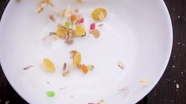 Close-up of muesli poured in a white bowl - Video, Çekim