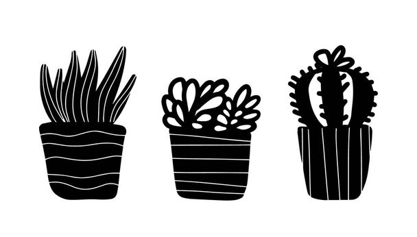 Set of cute hand drawn house plants in pots in doodle cartoon style isolated on white background. Vector outline and silhouette plants - Vector, Image