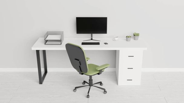 Desktop mit Computer, Papieren, Kakteenpflanzen und einer Tasse Kaffee. Home Office Konzept. 3D-Rendering. - Foto, Bild