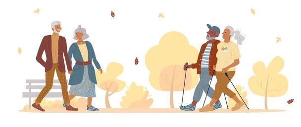 Vanhat kypsät ihmiset pari kävelee syksyllä puistossa
 - Vektori, kuva