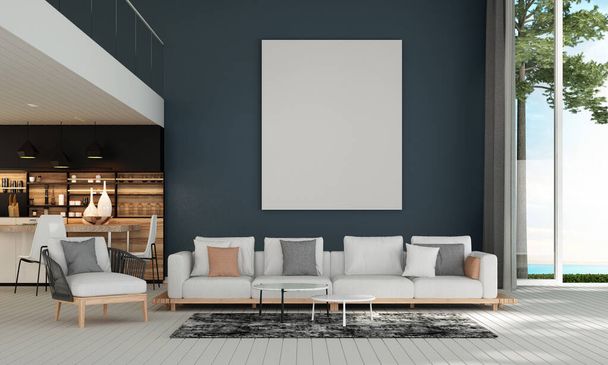 Der skandinavische Stil des Wohnzimmers Innenarchitektur und blauen Wandhintergrund und Meerblick - Foto, Bild
