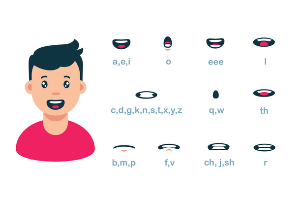 Zeichentrick männlichen Mund Lippensynchronisation Satz von Sprachanimation Vektor flache Illustration - Vektor, Bild