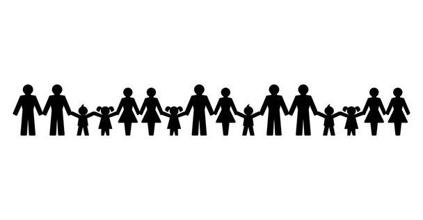 人々の手を握っての写真は、行に立っている。友情、愛、調和を表現する連結した男性、女性、子供の抽象的なシンボル。我々は一つの世界だ。白い上にイラスト。ベクトル. - ベクター画像