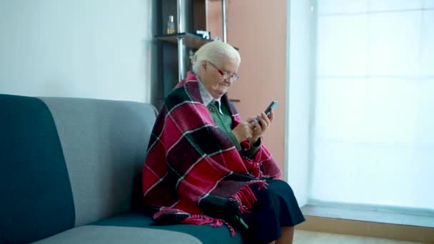 Mature woman sits on the surfboard sofa in the phone - Video, Çekim