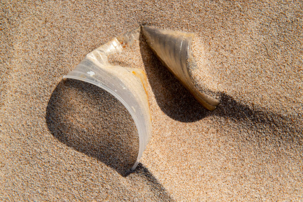 Einweg-Plastikbecher im Sand, der am Poco-Strand in der Nähe der Stadt Joao Pessoa, Paraiba, Brasilien, am 29. September 2012 Verschmutzung verursacht - Foto, Bild