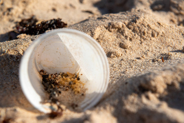 Copa de plástico desechable en la arena, causando contaminación en la playa Poco, cerca de la ciudad de Joao Pessoa, Paraiba, Brasil en septiembre 29, 2012
 - Foto, imagen