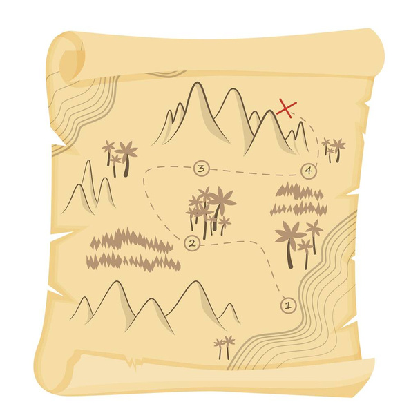 Cartone animato vintage mappa del tesoro su papiro vettoriale illustrazione grafica
 - Vettoriali, immagini