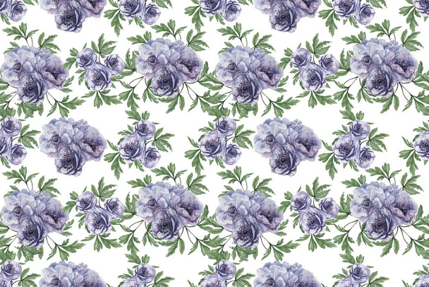 Seamless pattern with anemones. Hand-drawn watercolor illustration. Violet, blue, blue flowers and green leaves. Print, textile, paper, background. Spring, summer composition. Flowering garden. - Фото, изображение