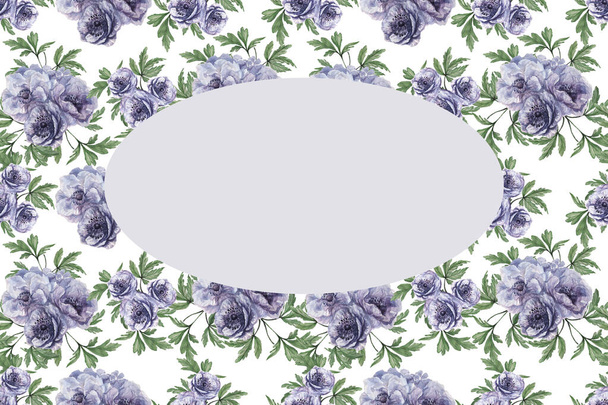 A keret oval.Seamless minta anemones. Kézzel rajzolt akvarell illusztráció. Violet, kék, kék virágok és zöld levelek. Nyomtatás, textil, papír, háttér. Tavasz, nyári kompozíció. Virágzó kert. - Fotó, kép