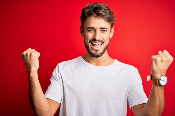 Young handsome man with beard wearing casual t-shirt standing over red background celebrating surprised and amazed for success with arms raised and open eyes. Winner concept. - Photo, Image