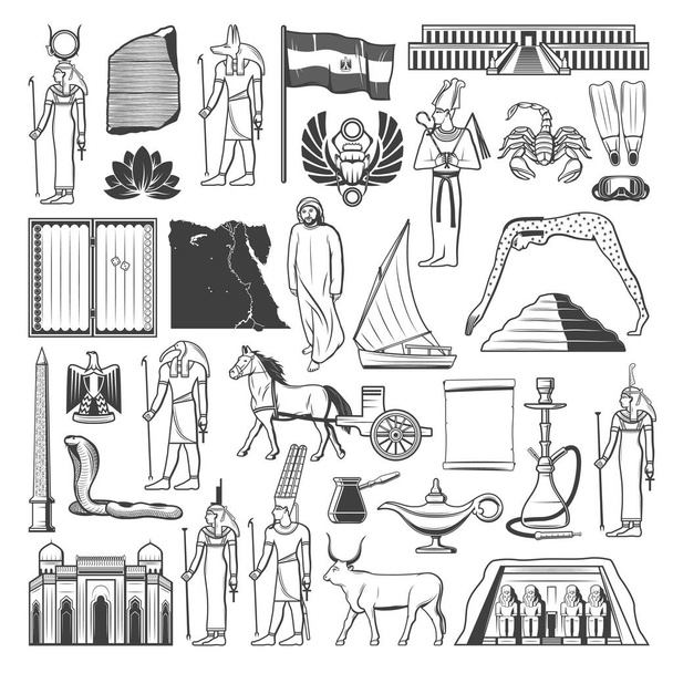 Єгипетські ескізи зі стародавніми єгипетськими туристичними орієнтирами та дизайном векторів туризму. Піраміда фараона, храми Сфінкса і Каїра, боги, єгипетський прапор, карта і геральдичний орел, скарабей і пергамент - Вектор, зображення
