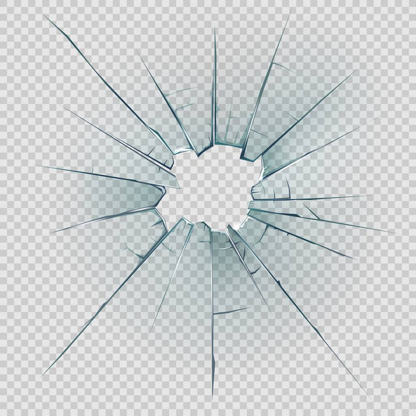 Rozbité, popraskané nebo rozbité sklo vektorové konstrukce s realistickým otvoru, tříští a prasklin, ostré hrany a fragmenty na průhledném pozadí. Poškozené sklo okenní nebo dveřní tabule a čelního skla - Vektor, obrázek