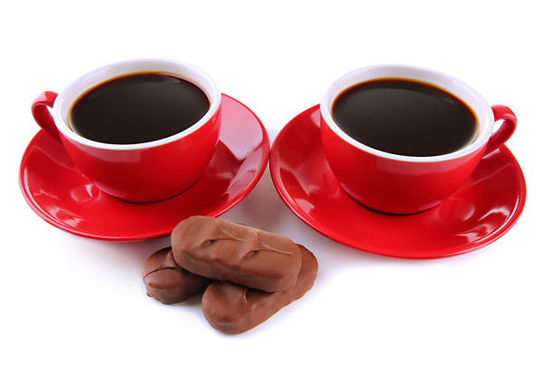 Red cups of strong coffee and chocolate bars isolated on white - Photo, Image