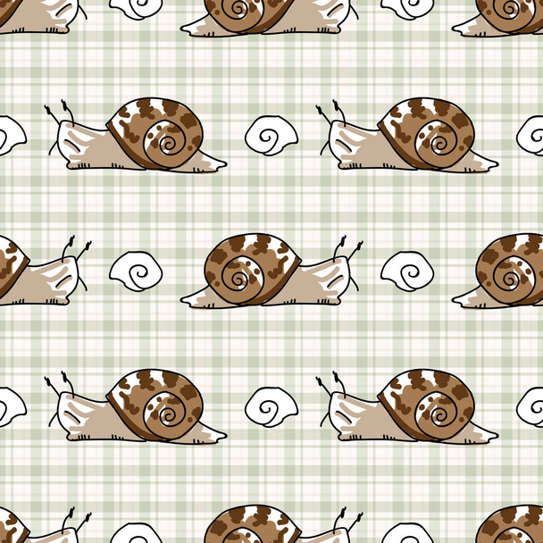 Cute cartoon slimy snail with shell seamless vector pattern. hand drawn slippery slug for yard illustration. Gastropod with shell on check background all over print. Spiral invertebrate tile.  - Vector, Image