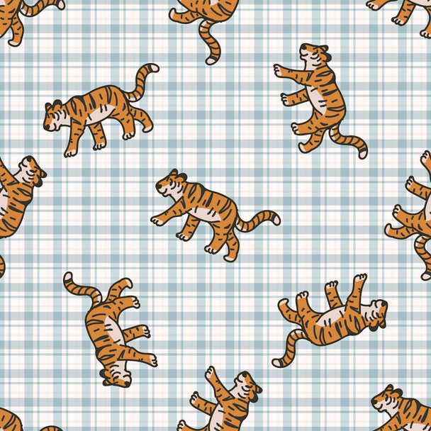 Cute tiger seamless vector pattern. Hand drawn striped big cat for safari jungle illustration. Bengal tiger on stripe background all over print. Wildcat tile.  - Vector, Image