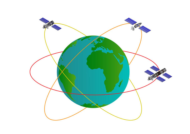 Kuvitus keinotekoisia satelliitteja kiertoradalla ympäri maailmaa. Eristetty valkoisella
 - Vektori, kuva