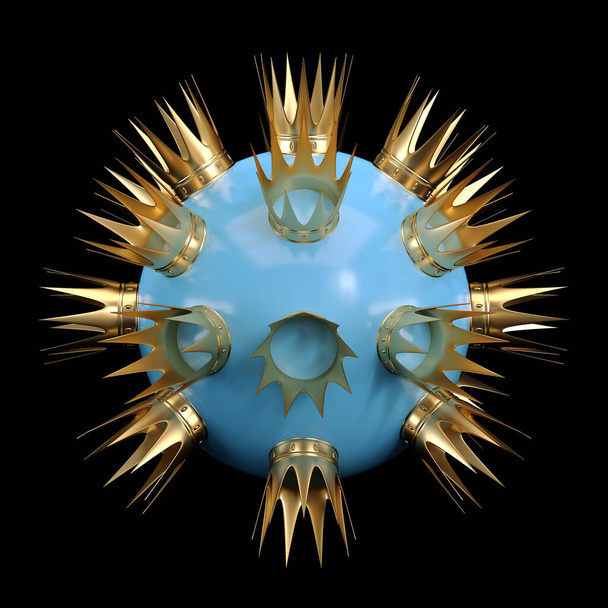 Οι χρυσές κορώνες είναι διάσπαρτες σε μια μπλε στρογγυλή μπάλα σε μαύρο φόντο. 3D απόδοση - Φωτογραφία, εικόνα