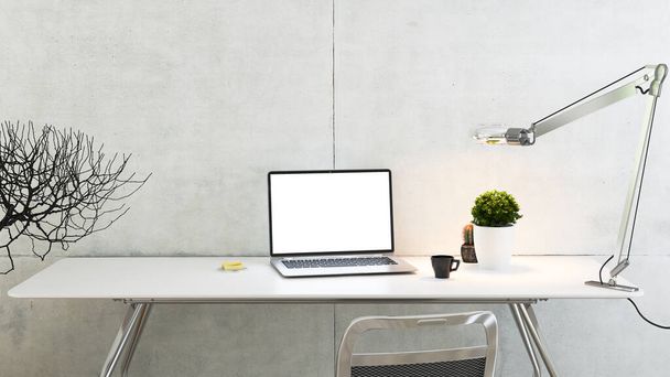 laptop na stole biurowym z rośliną, lampą biurkową, filiżanką kawy i betonową ścianą renderowania 3D - Zdjęcie, obraz