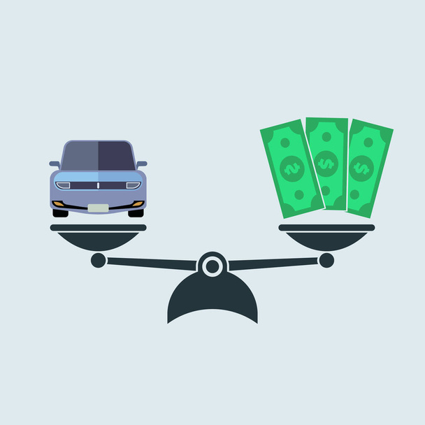 Auto en geld op schalen pictogram, vector kleur symbool. Koop een auto in eenvoudige platte stijl EPS10 - Vector, afbeelding