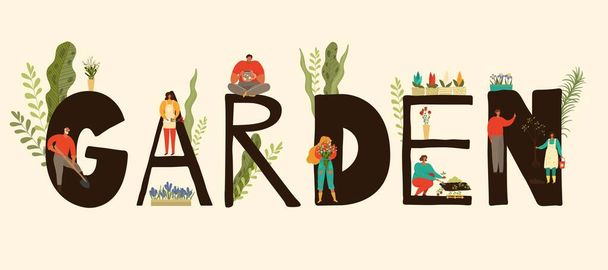 Garden banner with people characters gardening, growing and caring for plants, gardeners flat isolated vector illustration. - Vector, Image