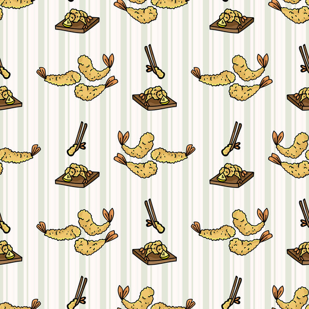 Kawaii tempura und Essstäbchen nahtlose Vektormuster. Handgezeichnete orientalische frittierte Meeresfrüchte. Niedliche japanische Mahlzeit mit Garnelen auf dem ganzen Papier. Asiatische Rezept auf Streifenhintergrund.  - Vektor, Bild