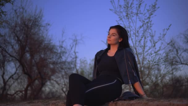 Jeune femme brune beauté relaxante au coucher du soleil, jouissance nature paysage
, - Séquence, vidéo