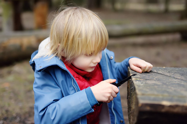 Little boy saws log with a small penknife while walking in the forest at spring or autumn. Outdoors activities for children. - Foto, Imagem