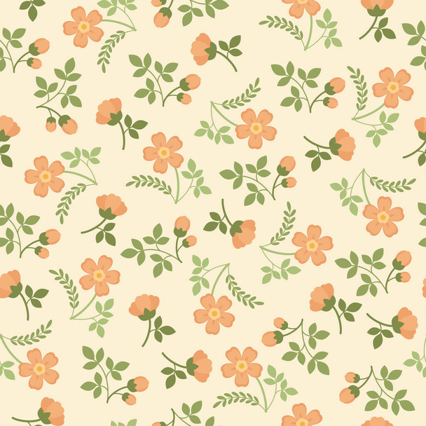 Cute floral seamless pattern. Pach flowers and green leaves on light background  - Vektori, kuva