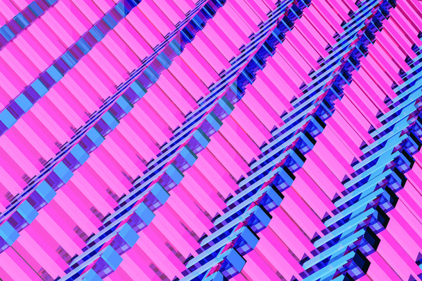 Esquina azul-rosa hecha de líneas geométricas simples. Patrón simétrico creativo brillante, textura. fondo minimalista repetible.Representación 3D
.  - Foto, imagen