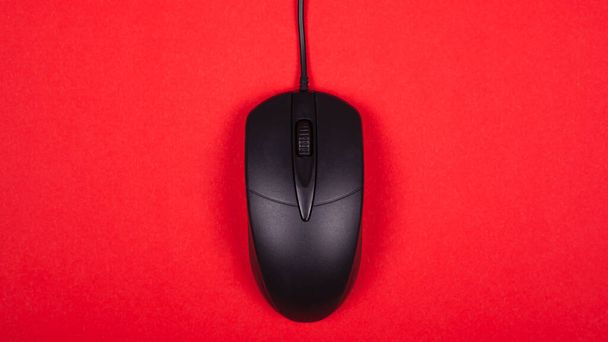 computer black mouse on red background top view  - Photo, Image