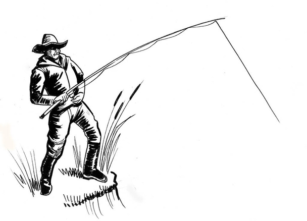 Male character with a fishing rod. Ink black and white drawing - Fotó, kép